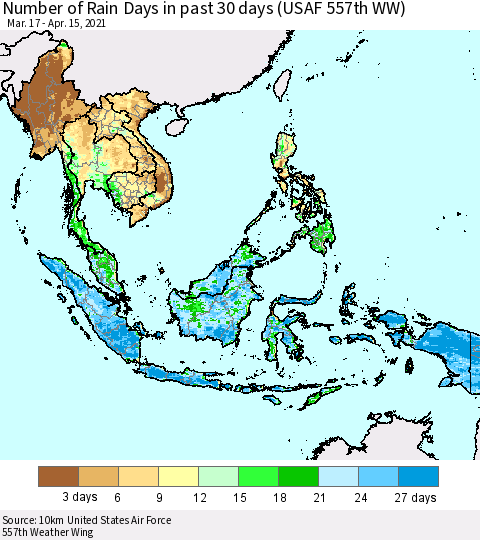 South East Asia Number of Rain Days in past 30 days (USAF 557th WW) 04/15/2021 Thematic Map For 4/11/2021 - 4/15/2021