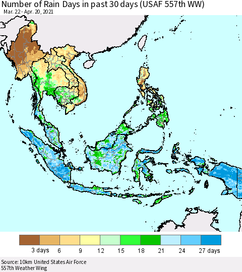 South East Asia Number of Rain Days in past 30 days (USAF 557th WW) 04/20/2021 Thematic Map For 4/16/2021 - 4/20/2021