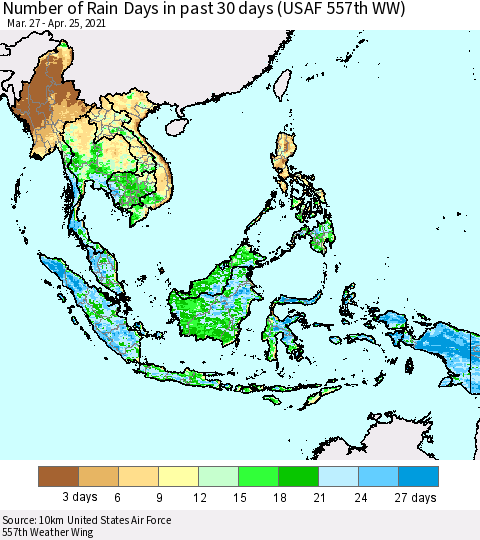 South East Asia Number of Rain Days in past 30 days (USAF 557th WW) 04/25/2021 Thematic Map For 4/21/2021 - 4/25/2021