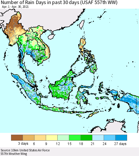 South East Asia Number of Rain Days in past 30 days (USAF 557th WW) 04/30/2021 Thematic Map For 4/26/2021 - 4/30/2021