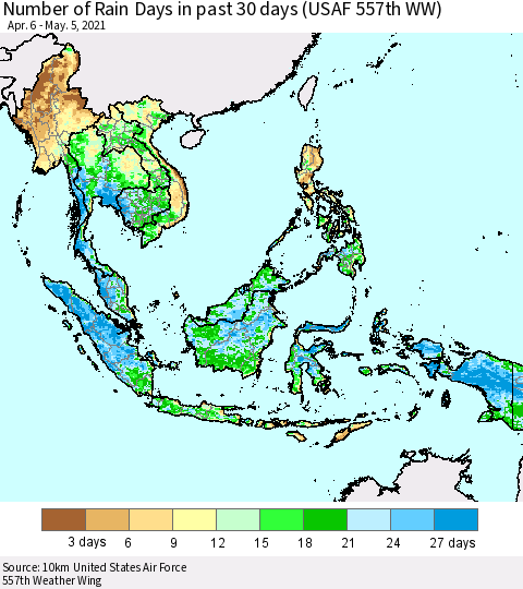 South East Asia Number of Rain Days in past 30 days (USAF 557th WW) 05/05/2021 Thematic Map For 5/1/2021 - 5/5/2021