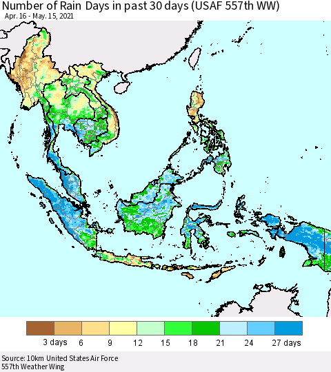 South East Asia Number of Rain Days in past 30 days (USAF 557th WW) 05/15/2021 Thematic Map For 5/11/2021 - 5/15/2021