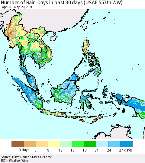 South East Asia Number of Rain Days in past 30 days (USAF 557th WW) 05/20/2021 Thematic Map For 5/16/2021 - 5/20/2021
