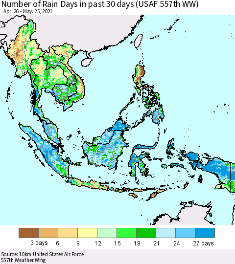 South East Asia Number of Rain Days in past 30 days (USAF 557th WW) 05/25/2021 Thematic Map For 5/21/2021 - 5/25/2021