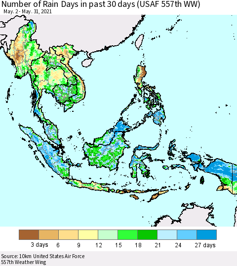 South East Asia Number of Rain Days in past 30 days (USAF 557th WW) 05/31/2021 Thematic Map For 5/26/2021 - 5/31/2021