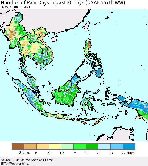 South East Asia Number of Rain Days in past 30 days (USAF 557th WW) 06/05/2021 Thematic Map For 6/1/2021 - 6/5/2021