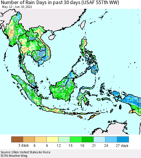 South East Asia Number of Rain Days in past 30 days (USAF 557th WW) 06/10/2021 Thematic Map For 6/6/2021 - 6/10/2021