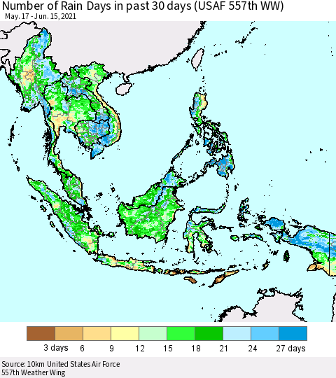 South East Asia Number of Rain Days in past 30 days (USAF 557th WW) 06/15/2021 Thematic Map For 6/11/2021 - 6/15/2021