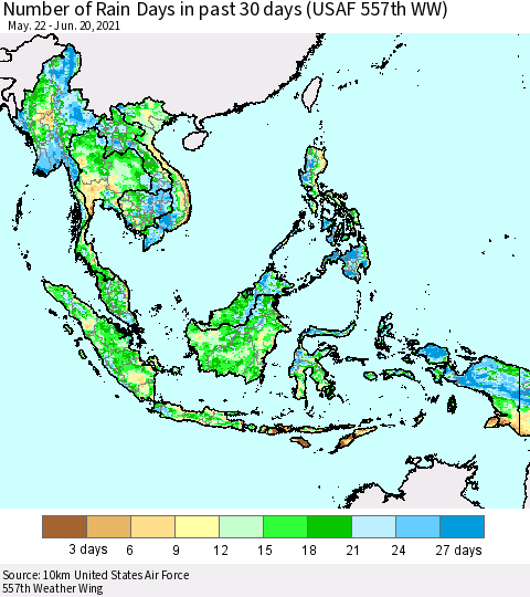South East Asia Number of Rain Days in past 30 days (USAF 557th WW) 06/20/2021 Thematic Map For 6/16/2021 - 6/20/2021