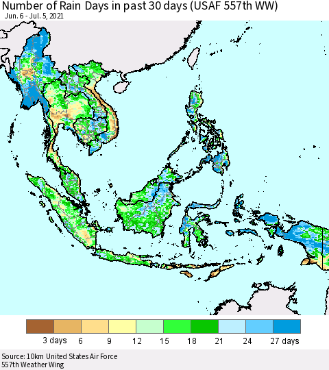 South East Asia Number of Rain Days in past 30 days (USAF 557th WW) 07/05/2021 Thematic Map For 7/1/2021 - 7/5/2021