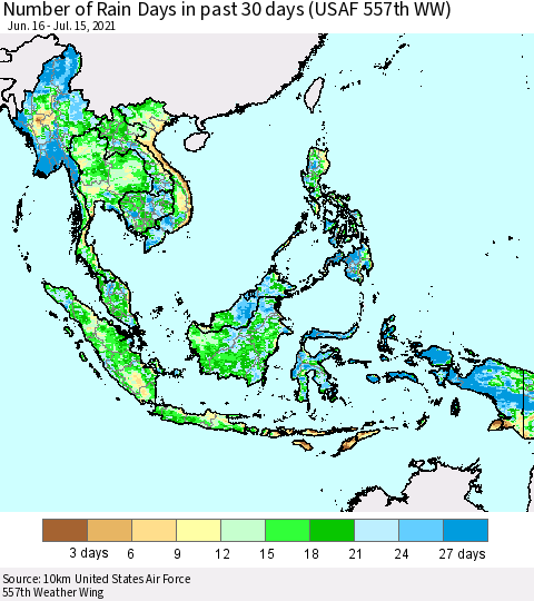 South East Asia Number of Rain Days in past 30 days (USAF 557th WW) 07/15/2021 Thematic Map For 7/11/2021 - 7/15/2021