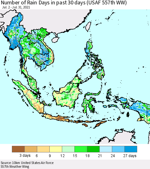 South East Asia Number of Rain Days in past 30 days (USAF 557th WW) 07/31/2021 Thematic Map For 7/26/2021 - 7/31/2021