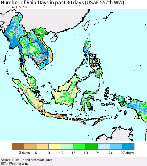South East Asia Number of Rain Days in past 30 days (USAF 557th WW) 08/05/2021 Thematic Map For 8/1/2021 - 8/5/2021