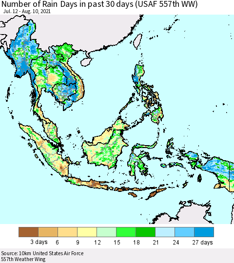 South East Asia Number of Rain Days in past 30 days (USAF 557th WW) 08/10/2021 Thematic Map For 8/6/2021 - 8/10/2021