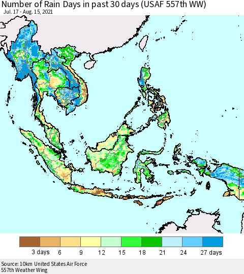 South East Asia Number of Rain Days in past 30 days (USAF 557th WW) 08/15/2021 Thematic Map For 8/11/2021 - 8/15/2021