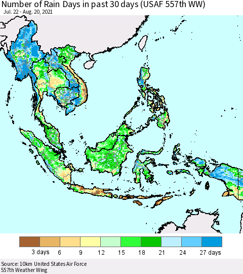 South East Asia Number of Rain Days in past 30 days (USAF 557th WW) 08/20/2021 Thematic Map For 8/16/2021 - 8/20/2021