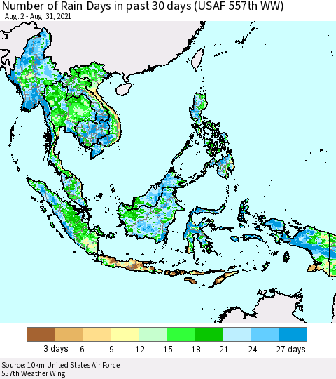South East Asia Number of Rain Days in past 30 days (USAF 557th WW) 08/31/2021 Thematic Map For 8/26/2021 - 8/31/2021