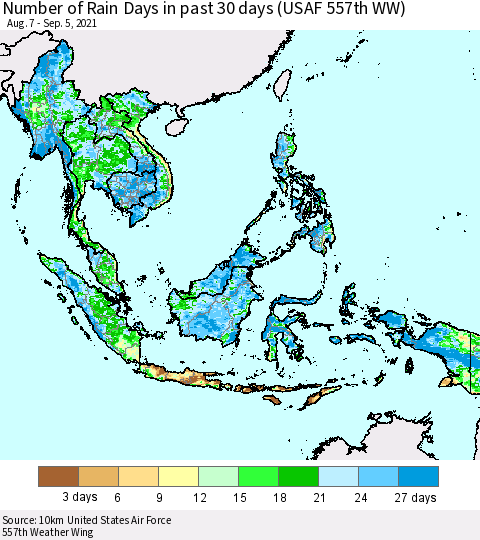 South East Asia Number of Rain Days in past 30 days (USAF 557th WW) 09/05/2021 Thematic Map For 9/1/2021 - 9/5/2021