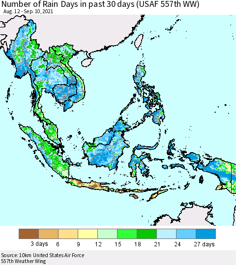 South East Asia Number of Rain Days in past 30 days (USAF 557th WW) 09/10/2021 Thematic Map For 9/6/2021 - 9/10/2021
