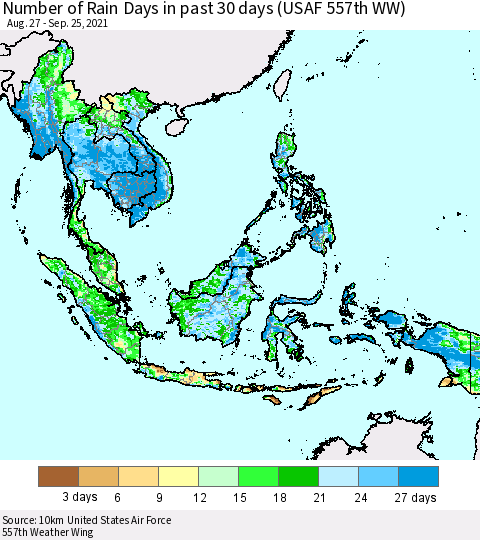 South East Asia Number of Rain Days in past 30 days (USAF 557th WW) 09/25/2021 Thematic Map For 9/21/2021 - 9/25/2021