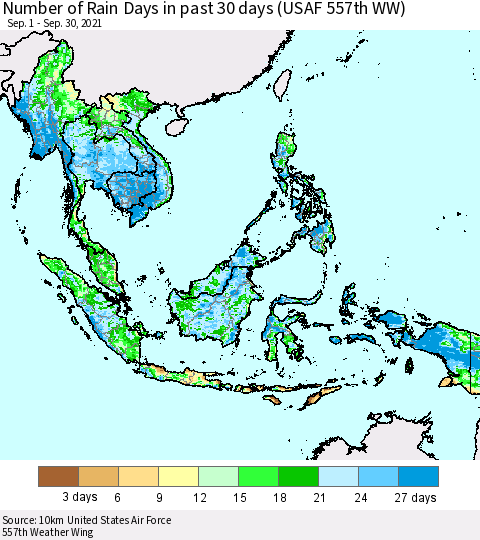 South East Asia Number of Rain Days in past 30 days (USAF 557th WW) 09/30/2021 Thematic Map For 9/26/2021 - 9/30/2021