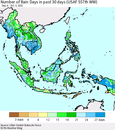 South East Asia Number of Rain Days in past 30 days (USAF 557th WW) 10/05/2021 Thematic Map For 10/1/2021 - 10/5/2021