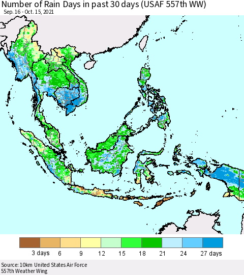 South East Asia Number of Rain Days in past 30 days (USAF 557th WW) 10/15/2021 Thematic Map For 10/11/2021 - 10/15/2021