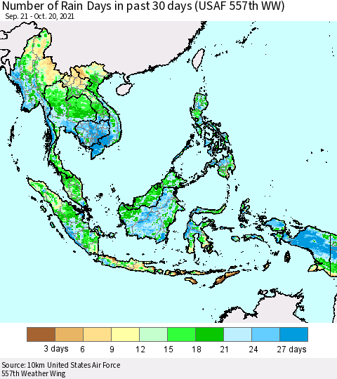 South East Asia Number of Rain Days in past 30 days (USAF 557th WW) 10/20/2021 Thematic Map For 10/16/2021 - 10/20/2021