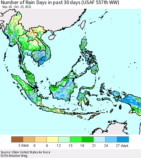 South East Asia Number of Rain Days in past 30 days (USAF 557th WW) 10/25/2021 Thematic Map For 10/21/2021 - 10/25/2021