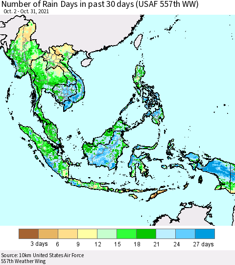South East Asia Number of Rain Days in past 30 days (USAF 557th WW) 10/31/2021 Thematic Map For 10/26/2021 - 10/31/2021