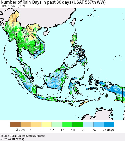 South East Asia Number of Rain Days in past 30 days (USAF 557th WW) 11/05/2021 Thematic Map For 11/1/2021 - 11/5/2021