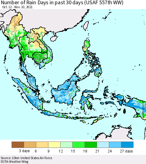South East Asia Number of Rain Days in past 30 days (USAF 557th WW) 11/10/2021 Thematic Map For 11/6/2021 - 11/10/2021