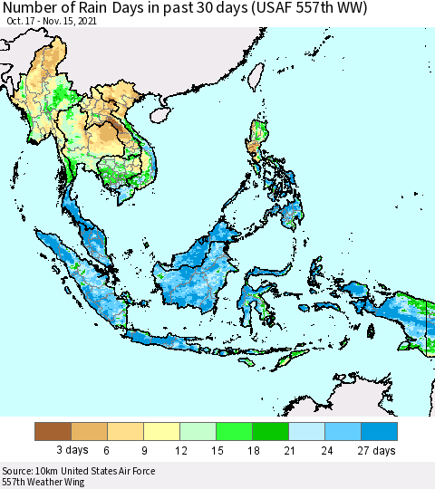 South East Asia Number of Rain Days in past 30 days (USAF 557th WW) 11/15/2021 Thematic Map For 11/11/2021 - 11/15/2021