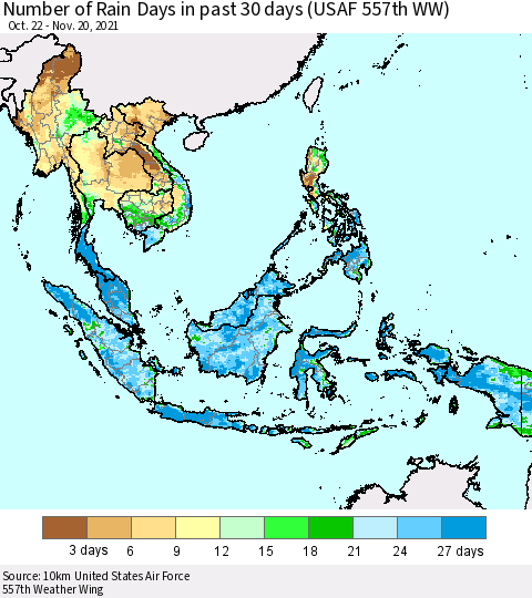 South East Asia Number of Rain Days in past 30 days (USAF 557th WW) 11/20/2021 Thematic Map For 11/16/2021 - 11/20/2021