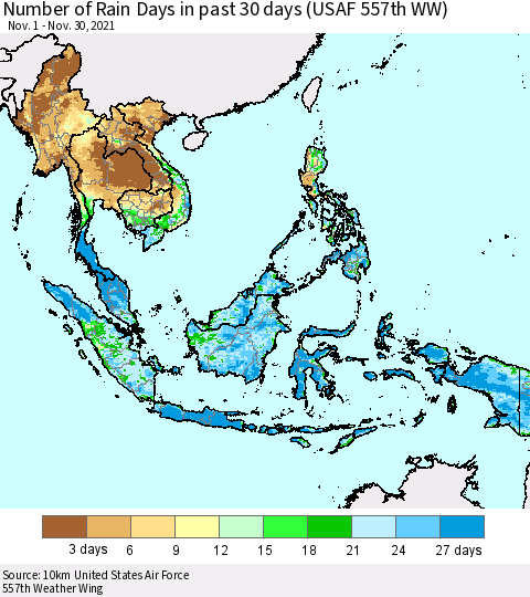 South East Asia Number of Rain Days in past 30 days (USAF 557th WW) 11/30/2021 Thematic Map For 11/26/2021 - 11/30/2021