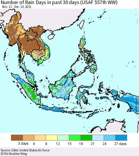 South East Asia Number of Rain Days in past 30 days (USAF 557th WW) 12/10/2021 Thematic Map For 12/6/2021 - 12/10/2021