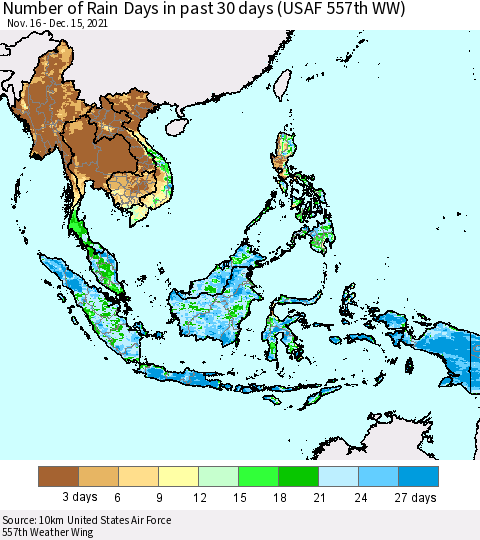 South East Asia Number of Rain Days in past 30 days (USAF 557th WW) 12/15/2021 Thematic Map For 12/11/2021 - 12/15/2021