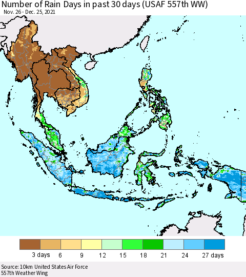 South East Asia Number of Rain Days in past 30 days (USAF 557th WW) 12/25/2021 Thematic Map For 12/21/2021 - 12/25/2021