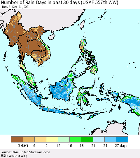 South East Asia Number of Rain Days in past 30 days (USAF 557th WW) 12/31/2021 Thematic Map For 12/26/2021 - 12/31/2021