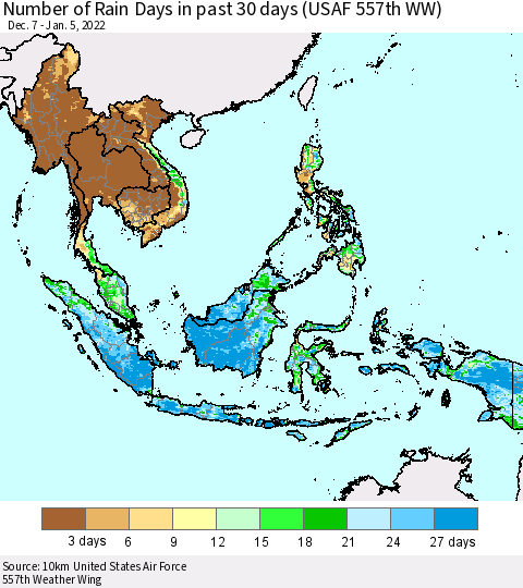 South East Asia Number of Rain Days in past 30 days (USAF 557th WW) 01/05/2022 Thematic Map For 1/1/2022 - 1/5/2022