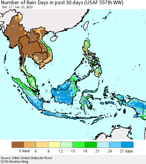 South East Asia Number of Rain Days in past 30 days (USAF 557th WW) 01/15/2022 Thematic Map For 1/11/2022 - 1/15/2022