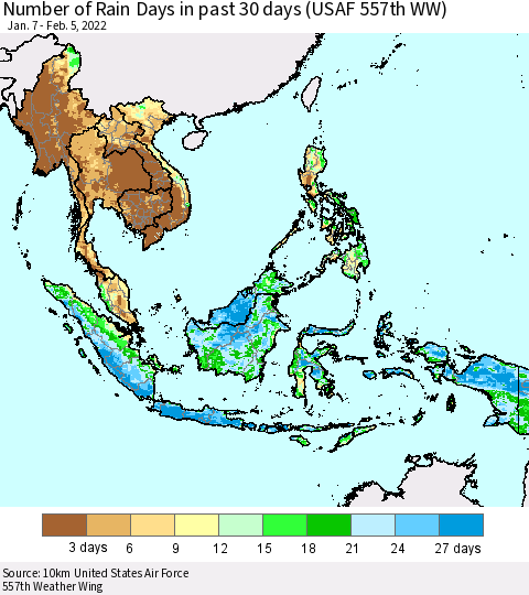 South East Asia Number of Rain Days in past 30 days (USAF 557th WW) 02/05/2022 Thematic Map For 2/1/2022 - 2/5/2022