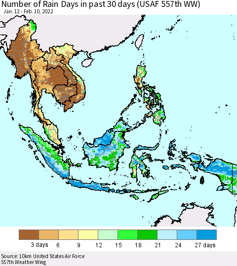 South East Asia Number of Rain Days in past 30 days (USAF 557th WW) 02/10/2022 Thematic Map For 2/6/2022 - 2/10/2022