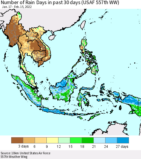 South East Asia Number of Rain Days in past 30 days (USAF 557th WW) 02/15/2022 Thematic Map For 2/11/2022 - 2/15/2022