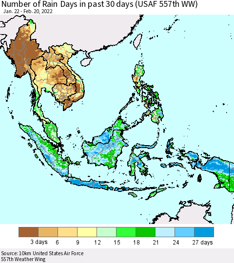 South East Asia Number of Rain Days in past 30 days (USAF 557th WW) 02/20/2022 Thematic Map For 2/16/2022 - 2/20/2022