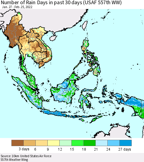 South East Asia Number of Rain Days in past 30 days (USAF 557th WW) 02/25/2022 Thematic Map For 2/21/2022 - 2/25/2022