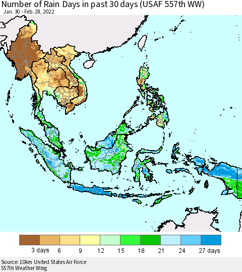 South East Asia Number of Rain Days in past 30 days (USAF 557th WW) 02/28/2022 Thematic Map For 2/26/2022 - 2/28/2022