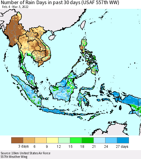 South East Asia Number of Rain Days in past 30 days (USAF 557th WW) 03/05/2022 Thematic Map For 3/1/2022 - 3/5/2022