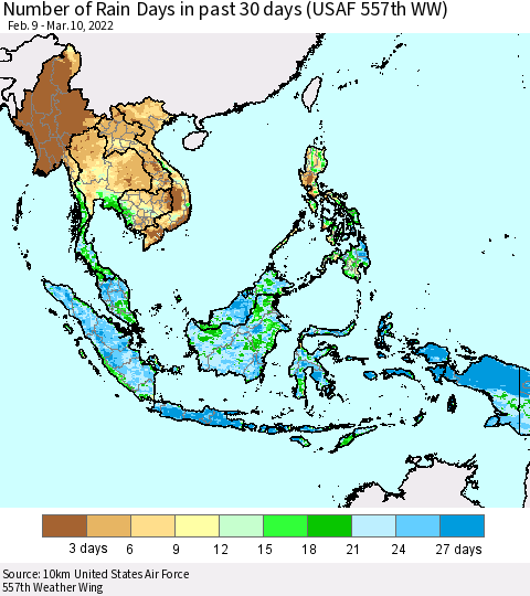 South East Asia Number of Rain Days in past 30 days (USAF 557th WW) 03/10/2022 Thematic Map For 3/6/2022 - 3/10/2022