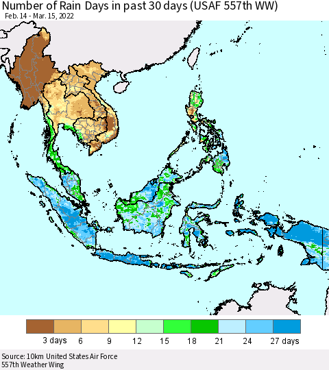 South East Asia Number of Rain Days in past 30 days (USAF 557th WW) 03/15/2022 Thematic Map For 3/11/2022 - 3/15/2022